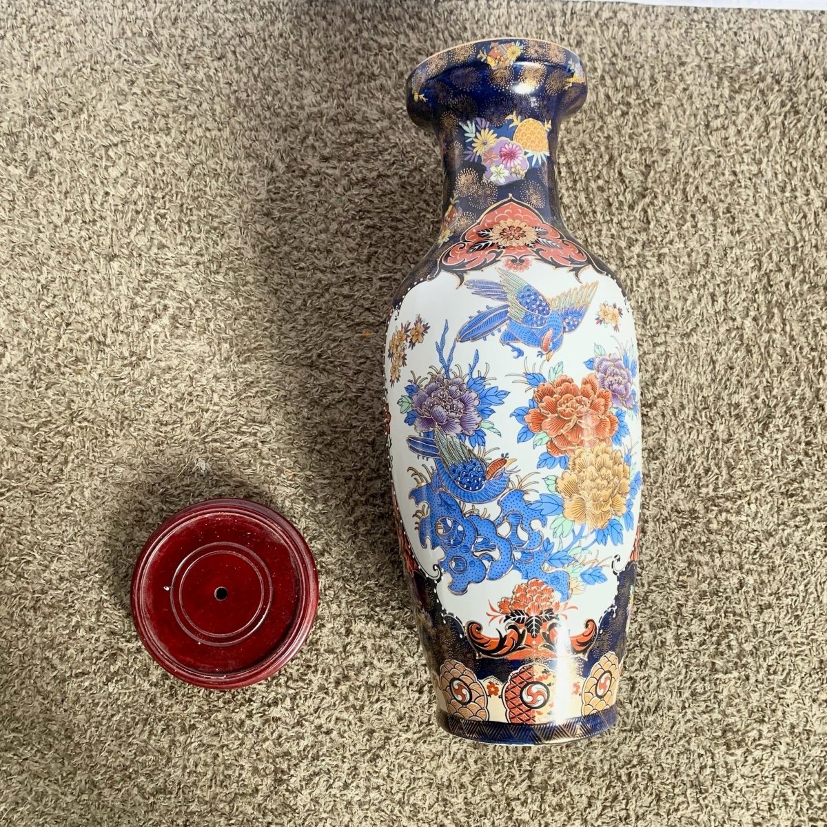 Vintage Chinese Hand Painted Porcelain Vase With Wooden Base - Dolphin & Flamingo