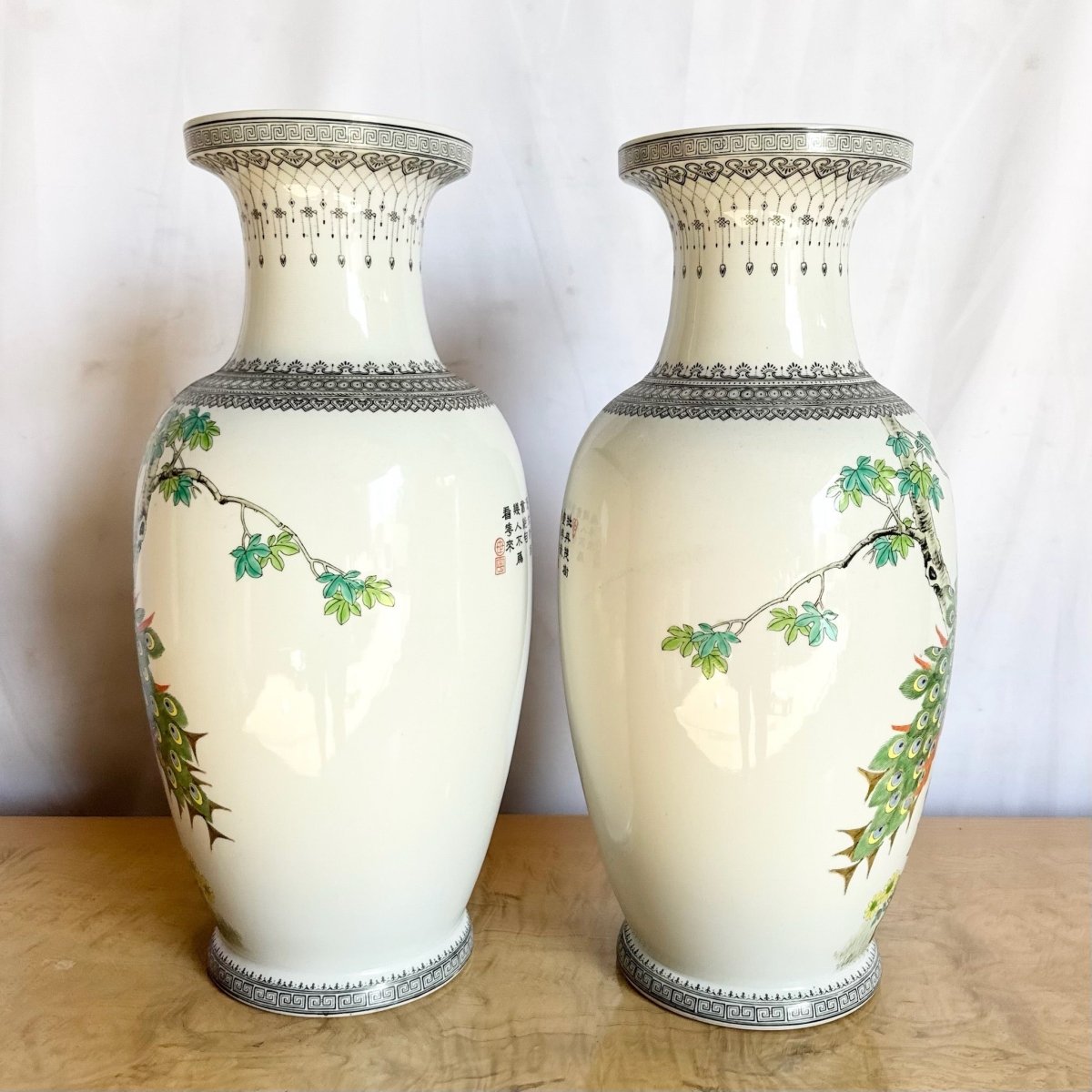 Vintage Chinese Hand Painted Porcelain Vases - A Pair - Dolphin & Flamingo