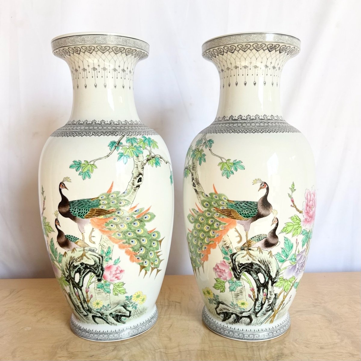Vintage Chinese Hand Painted Porcelain Vases - A Pair - Dolphin & Flamingo