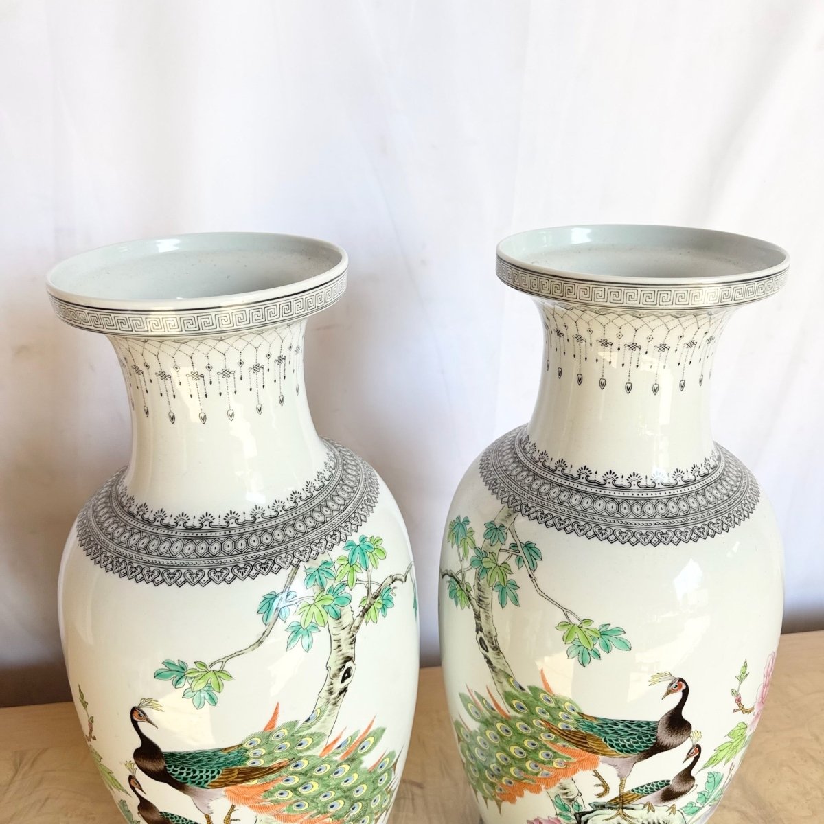 Vintage Chinese Hand Painted Porcelain Vases - A Pair - Dolphin & Flamingo