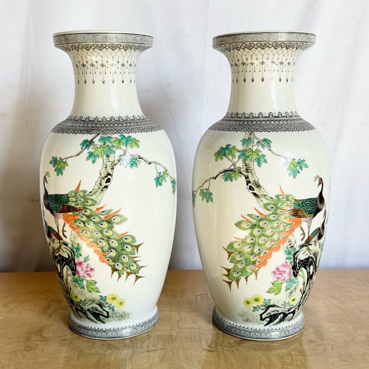 Vintage Chinese Hand Painted Porcelain Vases - A Pair - Dolphin & Flamingo