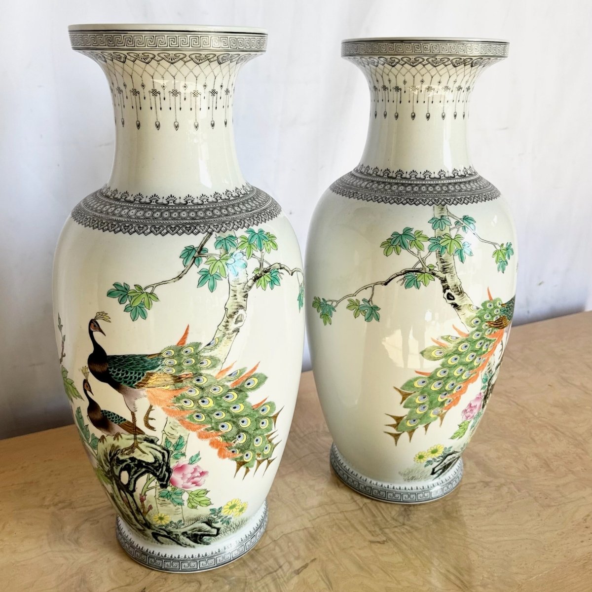 Vintage Chinese Hand Painted Porcelain Vases - A Pair - Dolphin & Flamingo