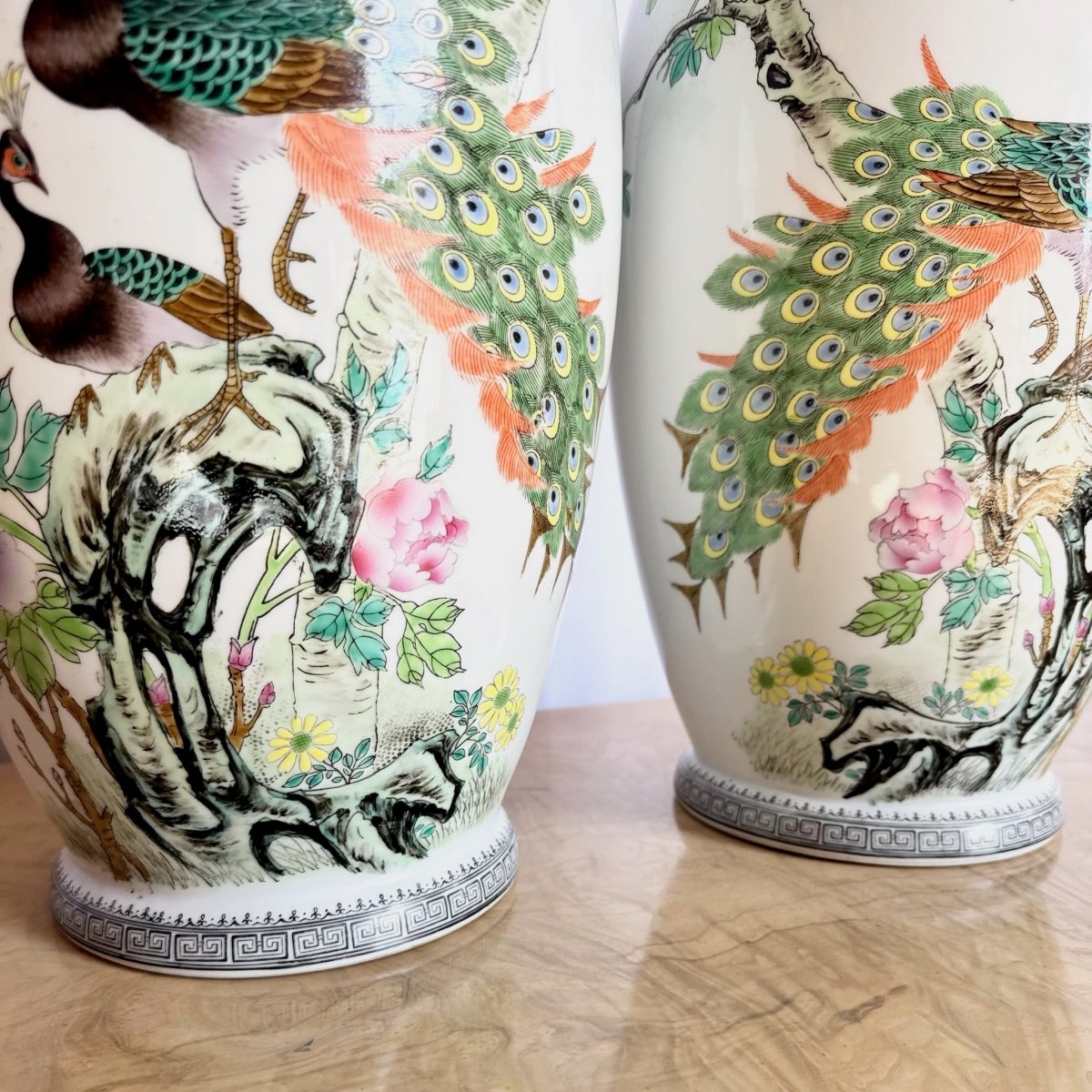 Vintage Chinese Hand Painted Porcelain Vases - A Pair - Dolphin & Flamingo
