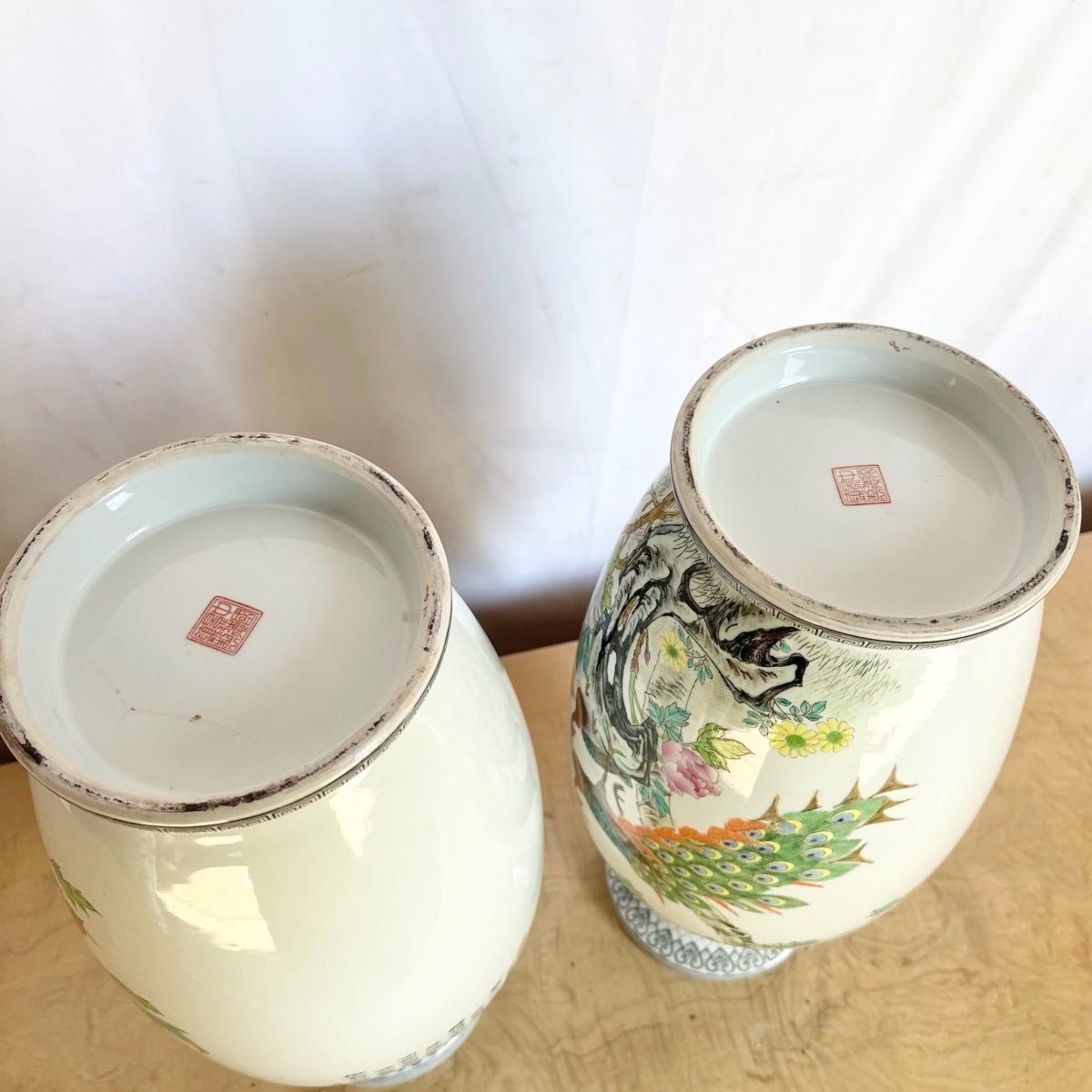 Vintage Chinese Hand Painted Porcelain Vases - A Pair - Dolphin & Flamingo