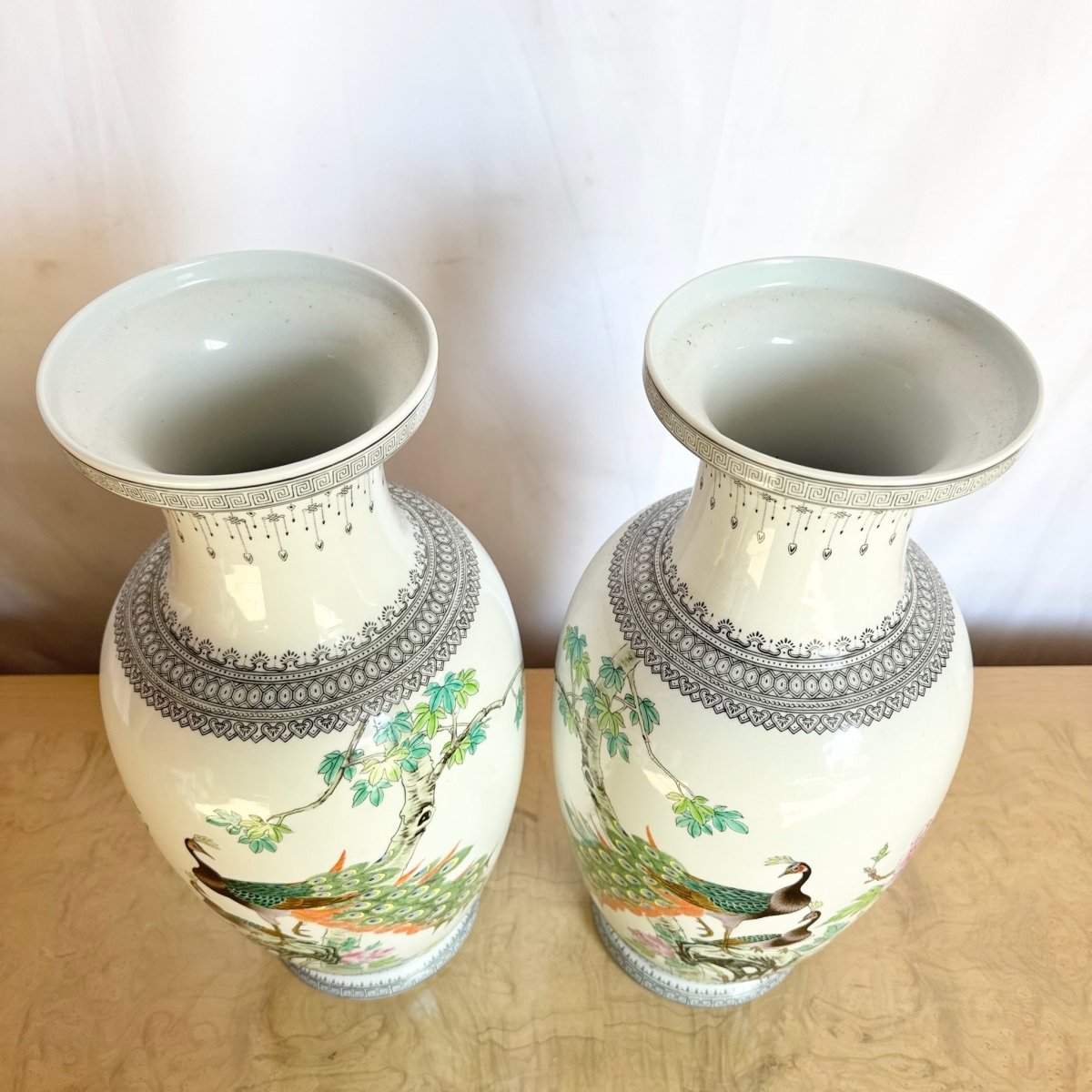 Vintage Chinese Hand Painted Porcelain Vases - A Pair - Dolphin & Flamingo