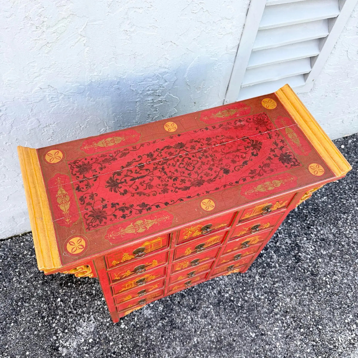Vintage Chinese Hand Painted Red Angle Apothecary Dresser