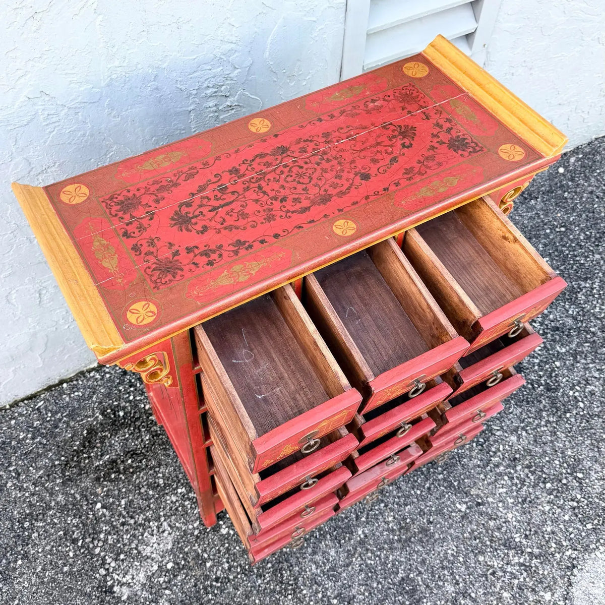 Vintage Chinese Hand Painted Red Angle Apothecary Dresser