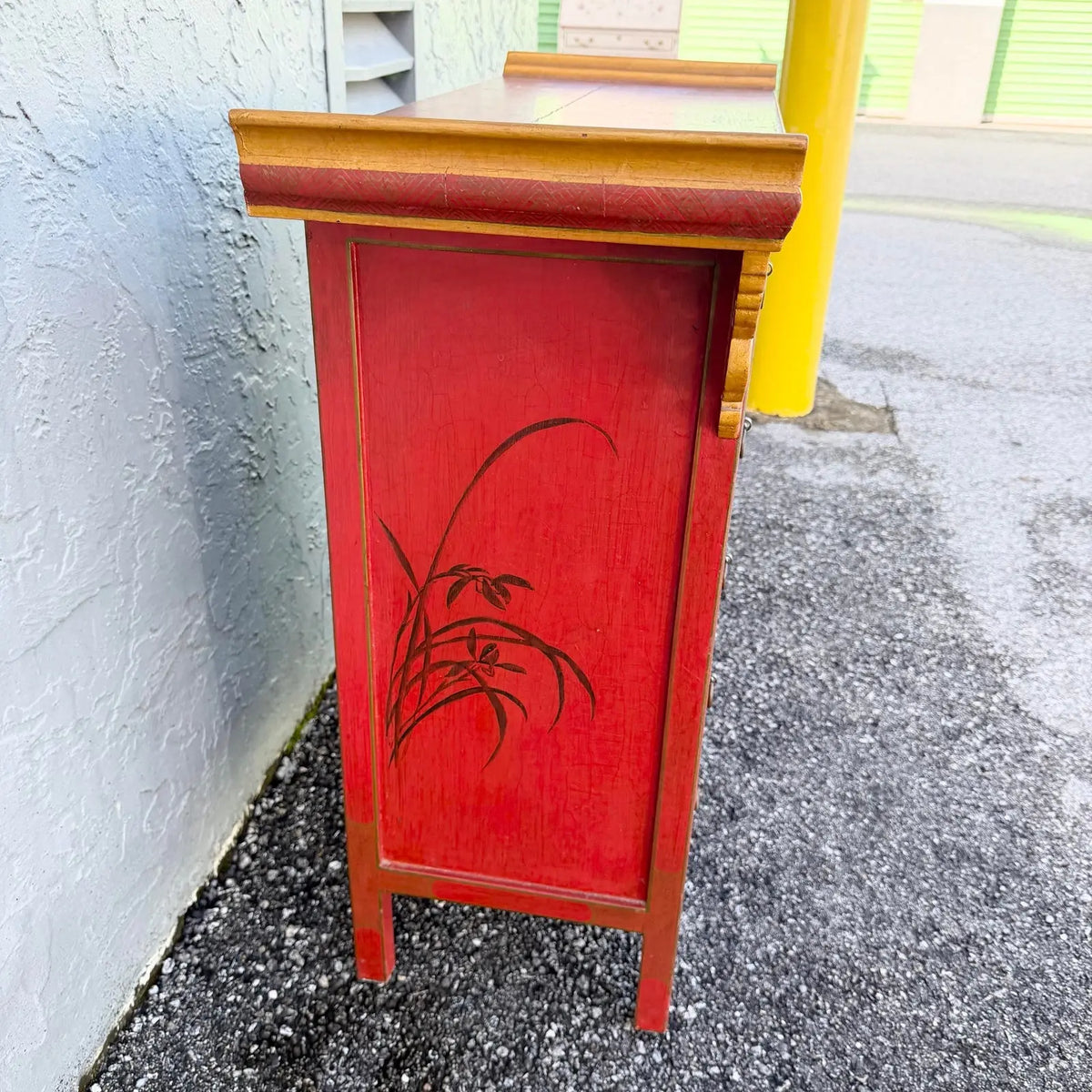 Vintage Chinese Hand Painted Red Angle Apothecary Dresser