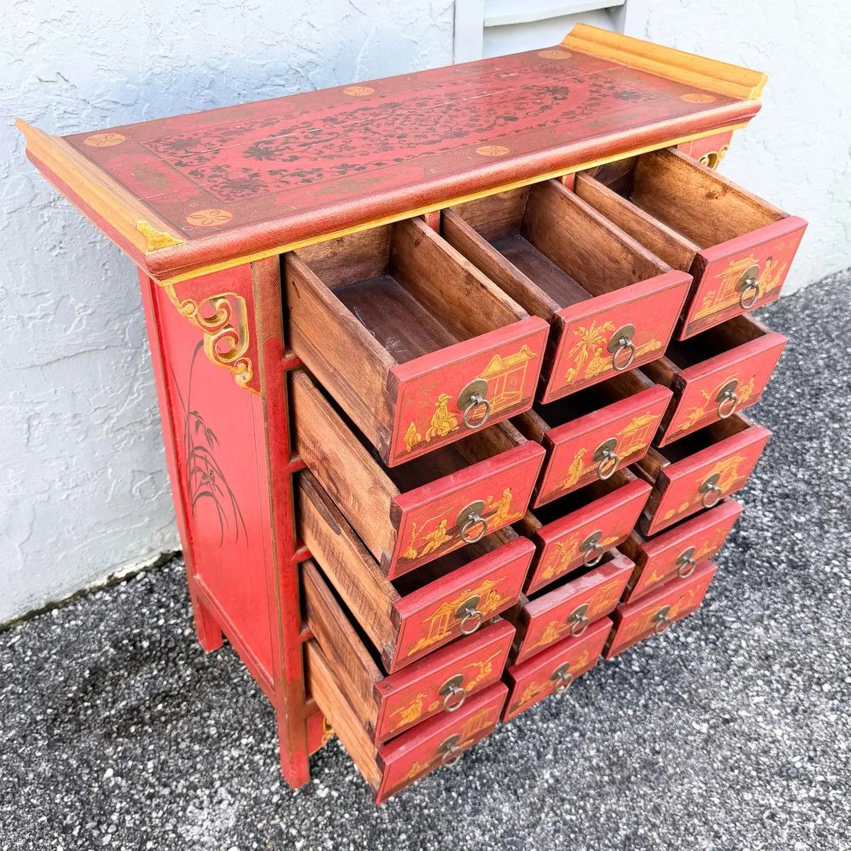 Vintage Chinese Hand Painted Red Angle Apothecary Dresser