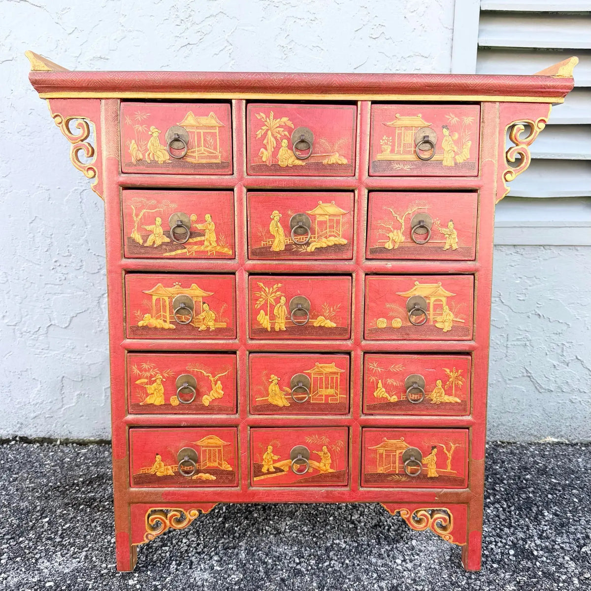 Vintage Chinese Hand Painted Red Angle Apothecary Dresser