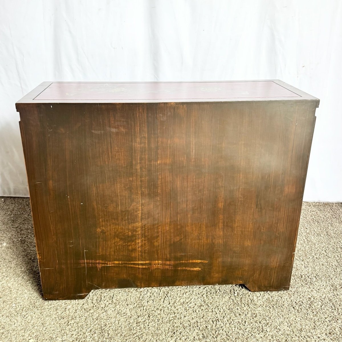 Vintage Chinese Hand Painted Red Side Board - Dolphin & Flamingo