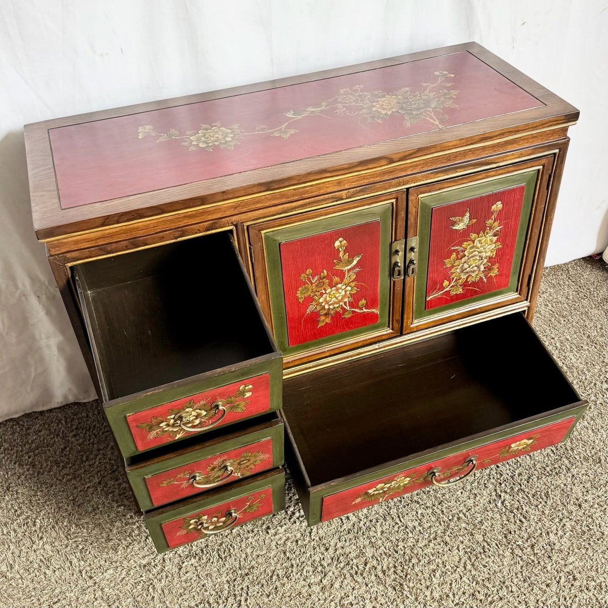 Vintage Chinese Hand Painted Red Side Board - Dolphin & Flamingo