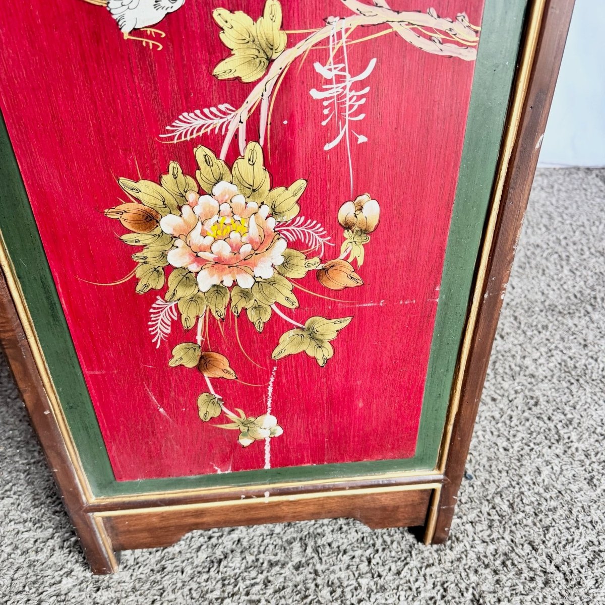 Vintage Chinese Hand Painted Red Side Board - Dolphin & Flamingo