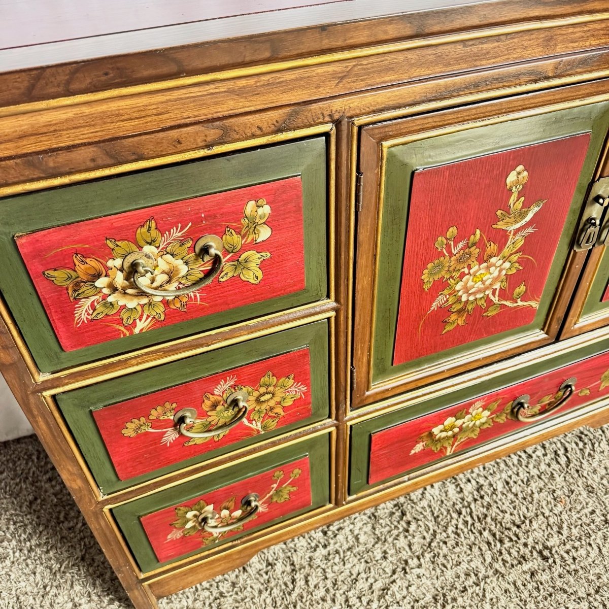 Vintage Chinese Hand Painted Red Side Board - Dolphin & Flamingo