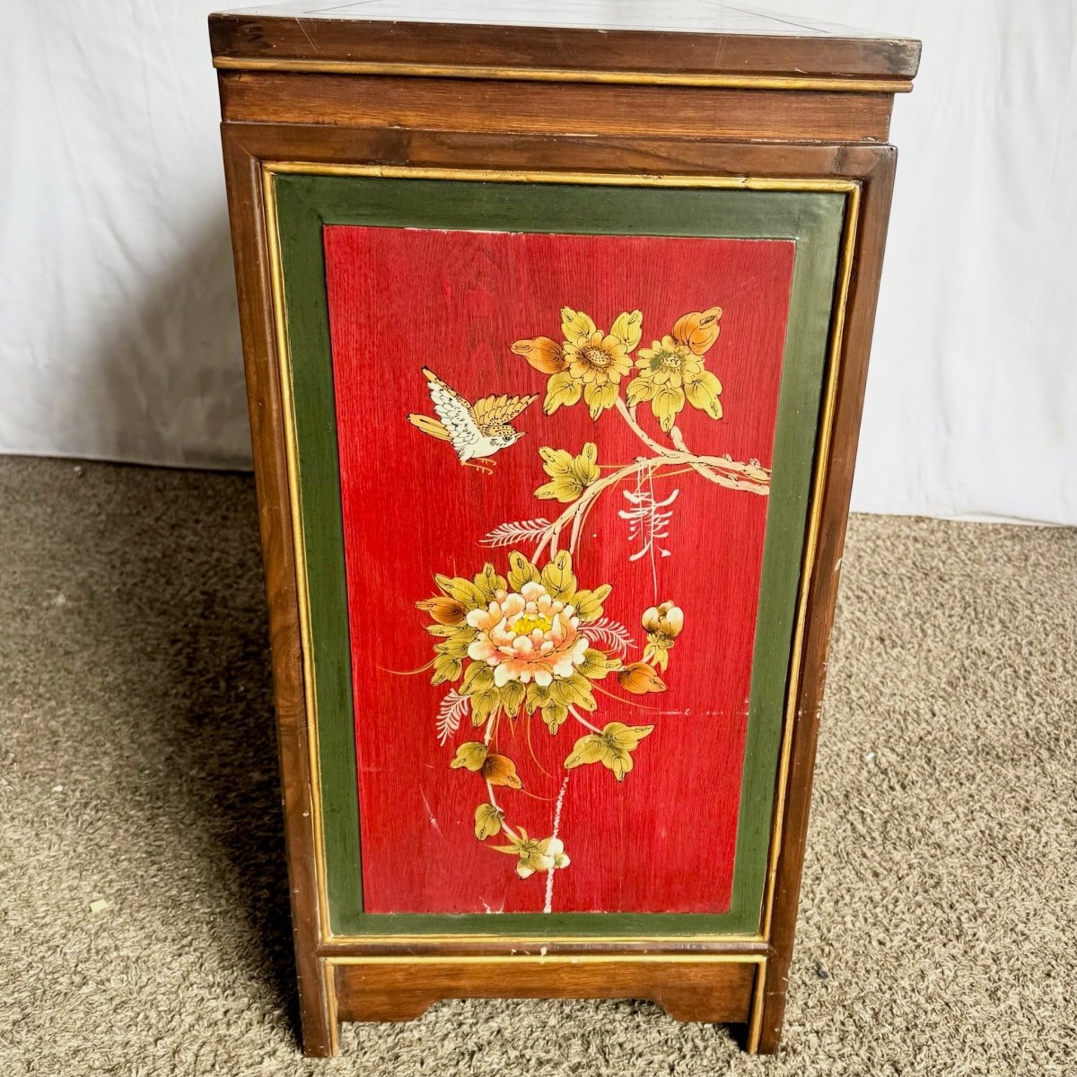 Vintage Chinese Hand Painted Red Side Board - Dolphin & Flamingo