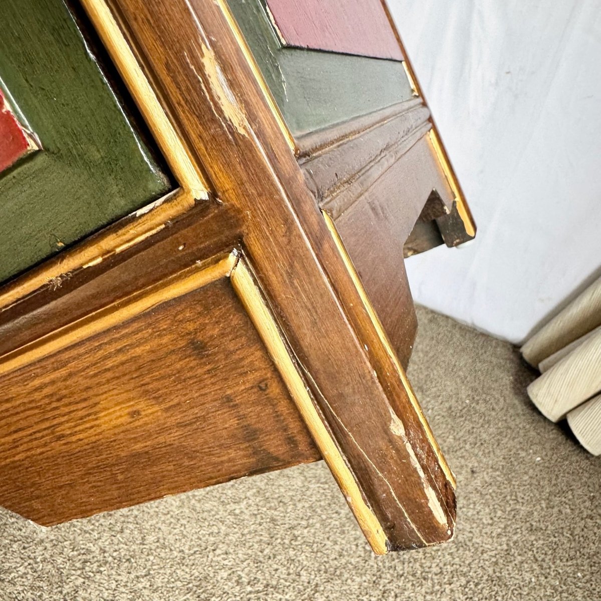 Vintage Chinese Hand Painted Red Side Board - Dolphin & Flamingo