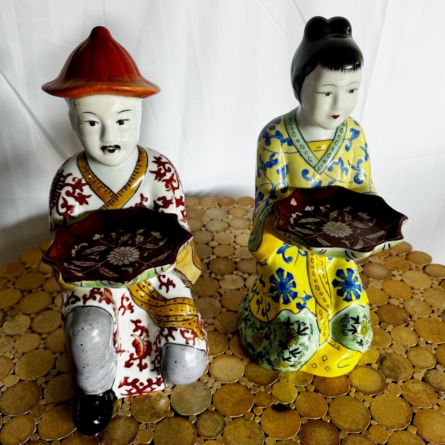 Vintage Chinese Porcelain Imperial Servant Sculptures - Set of 2 - Dolphin & Flamingo