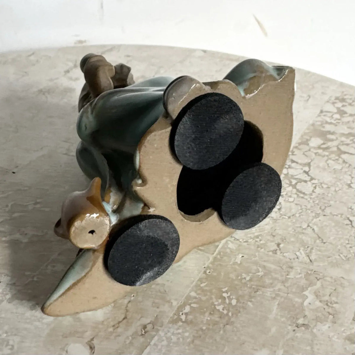 Vintage Chinese Pottery Figurine/Sculpture of a Mudman Drinking Tea - Dolphin & Flamingo