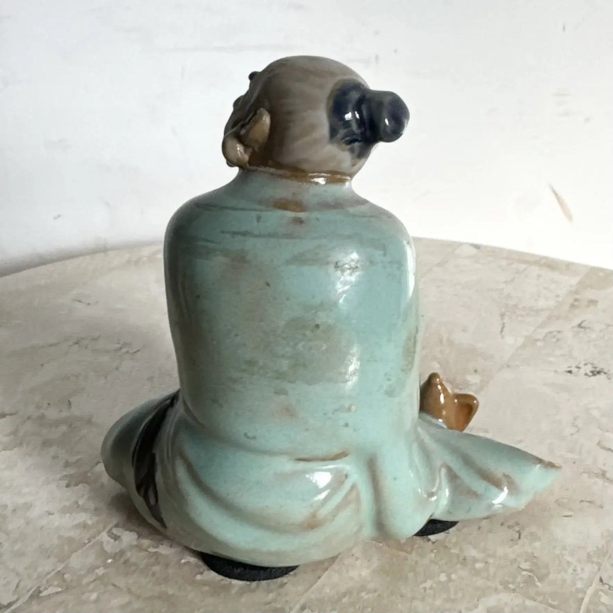 Vintage Chinese Pottery Figurine/Sculpture of a Mudman Drinking Tea - Dolphin & Flamingo