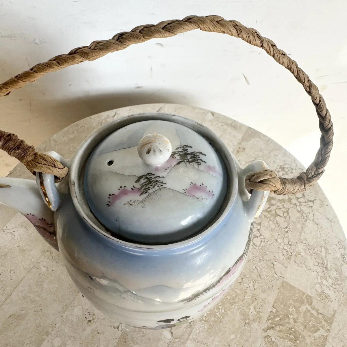 Vintage Chinese Pottery Tea Pot - Dolphin & Flamingo