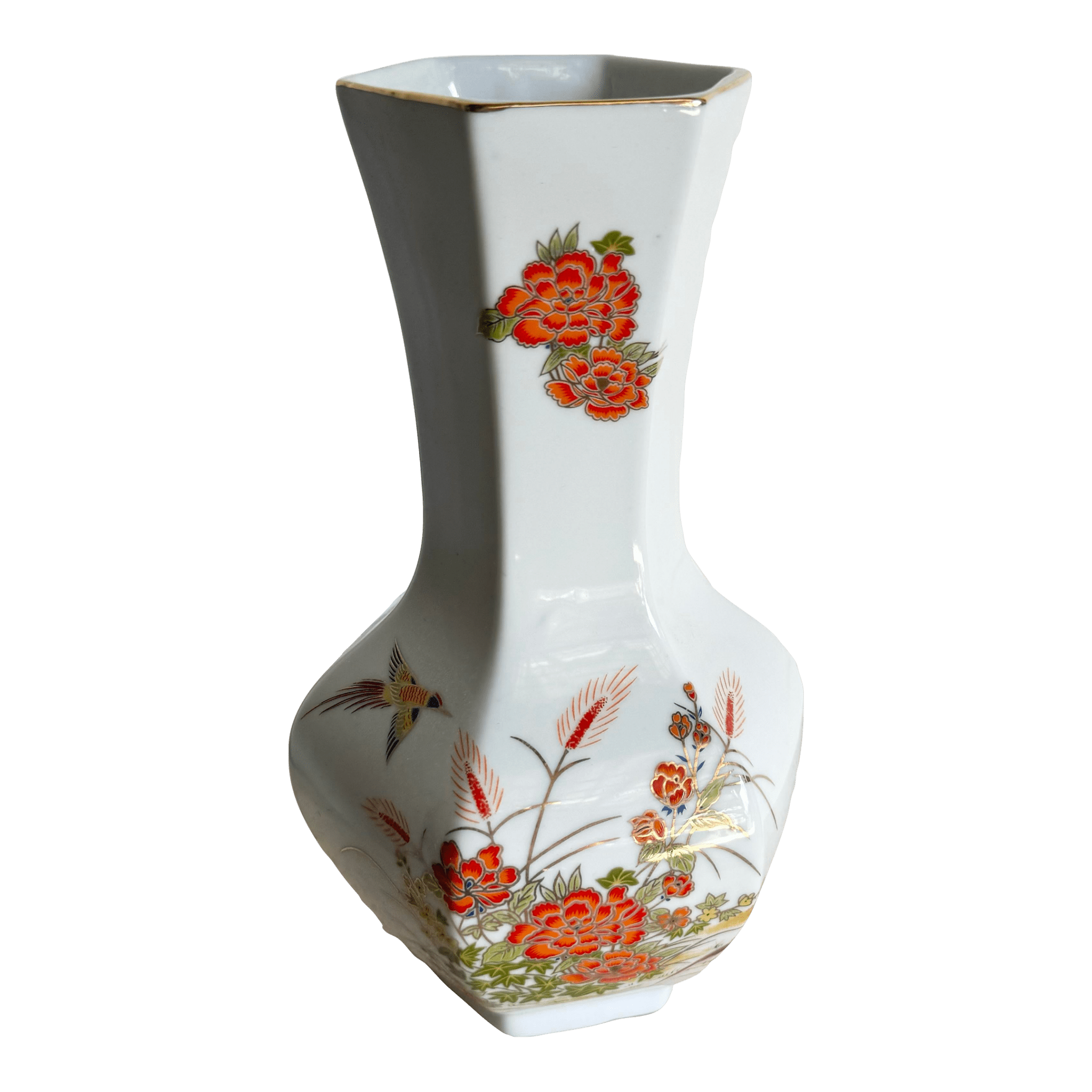 Vintage Chinese Red Flower Porcelain Vase - Dolphin & Flamingo