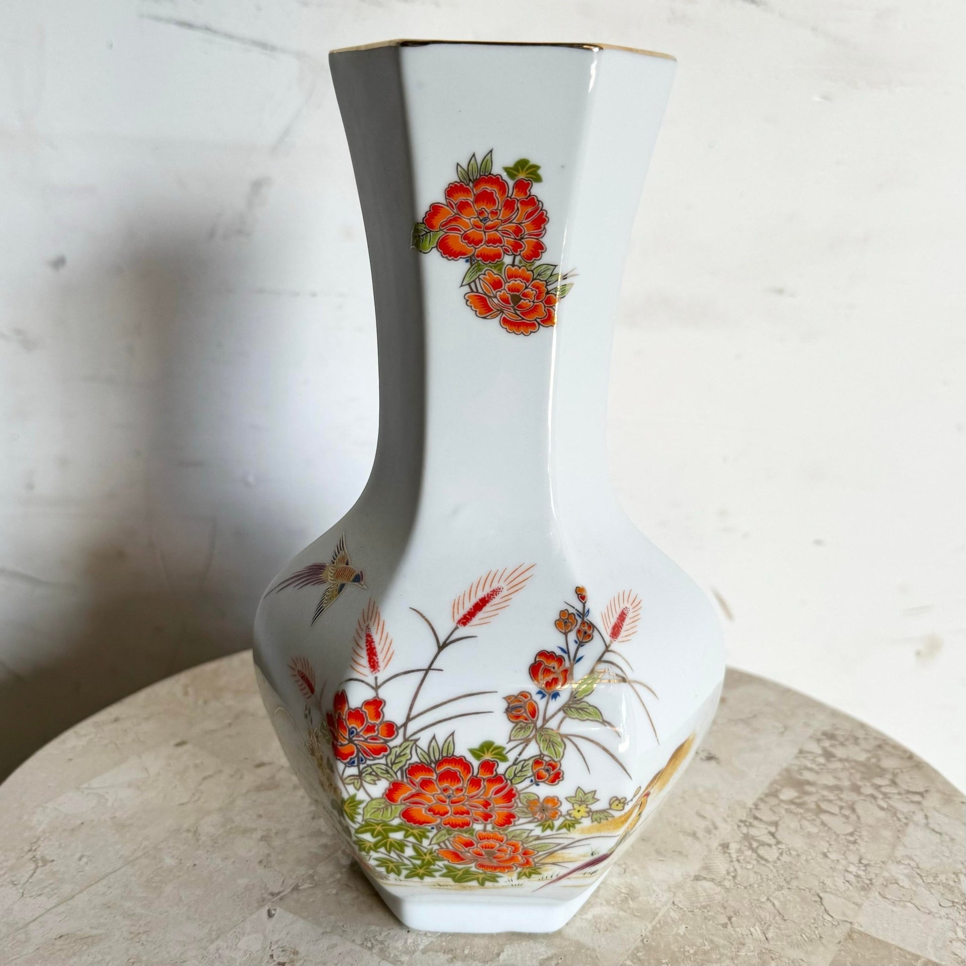 Vintage Chinese Red Flower Porcelain Vase - Dolphin & Flamingo