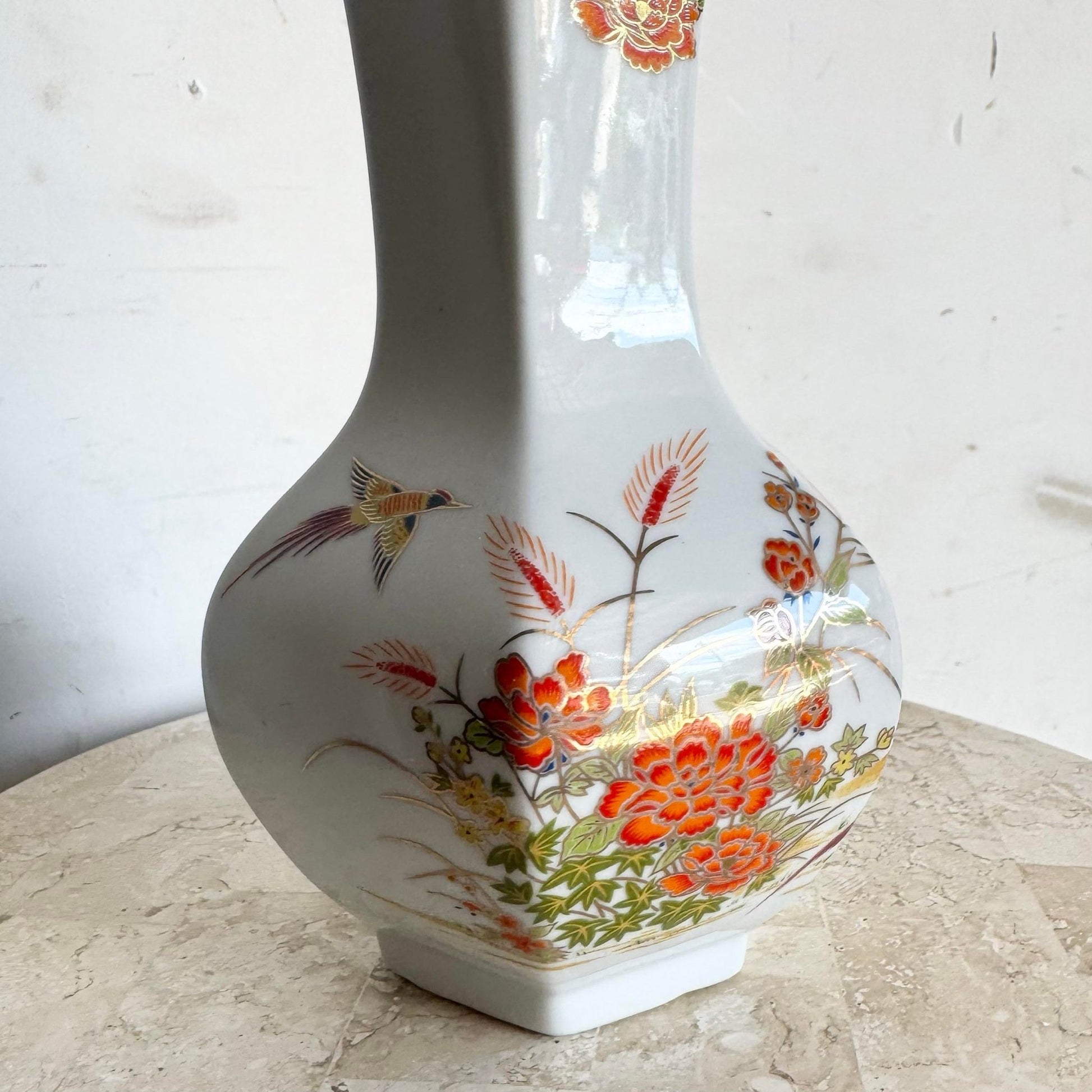 Vintage Chinese Red Flower Porcelain Vase - Dolphin & Flamingo
