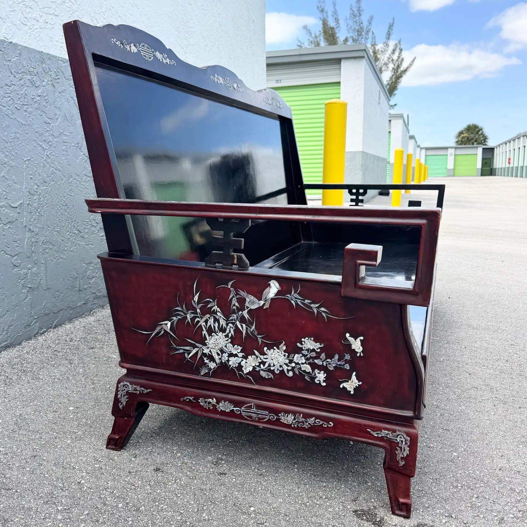 Vintage Chinese Rosewood With Mother of Pearl Inlay Sofa Dolphin & Flamingo