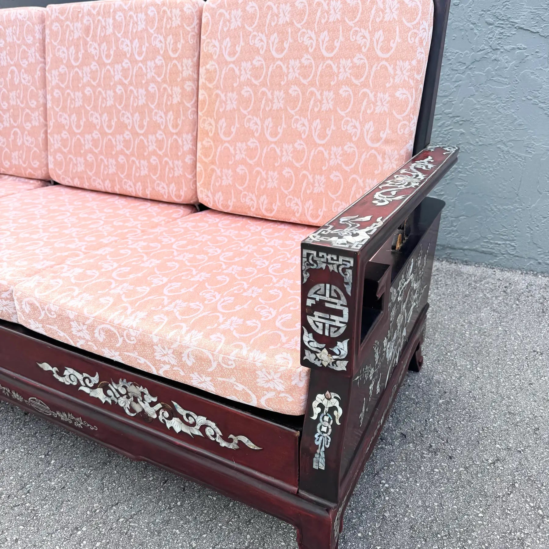 Vintage Chinese Rosewood With Mother of Pearl Inlay Sofa Dolphin & Flamingo