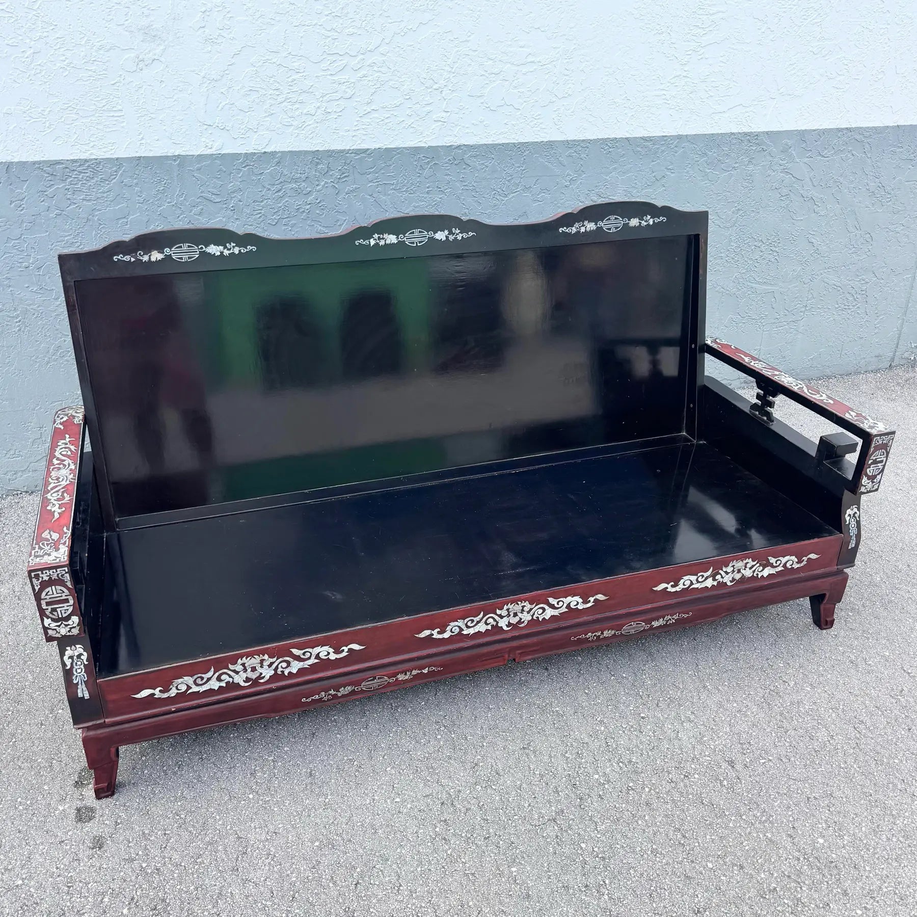 Vintage Chinese Rosewood With Mother of Pearl Inlay Sofa Dolphin & Flamingo