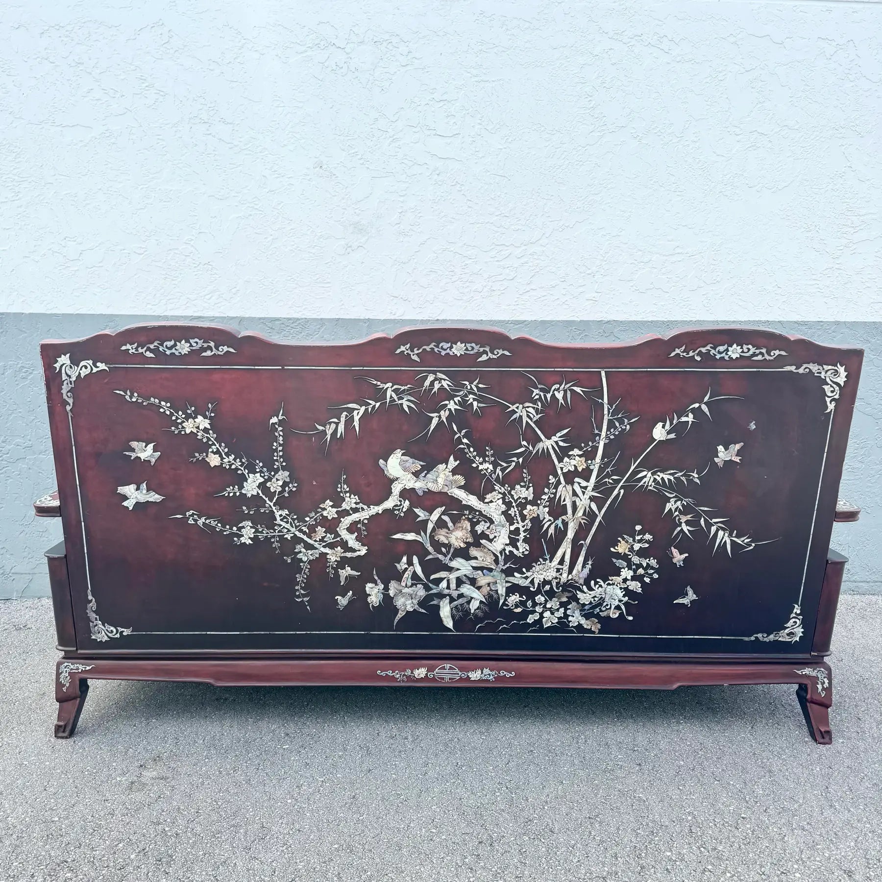 Vintage Chinese Rosewood With Mother of Pearl Inlay Sofa Dolphin & Flamingo