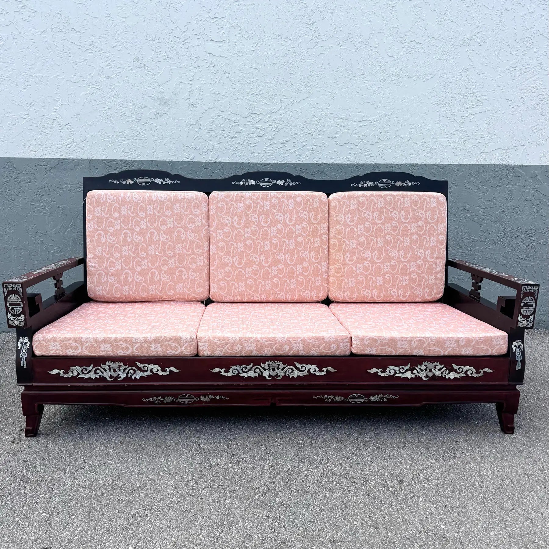 Vintage Chinese Rosewood With Mother of Pearl Inlay Sofa Dolphin & Flamingo