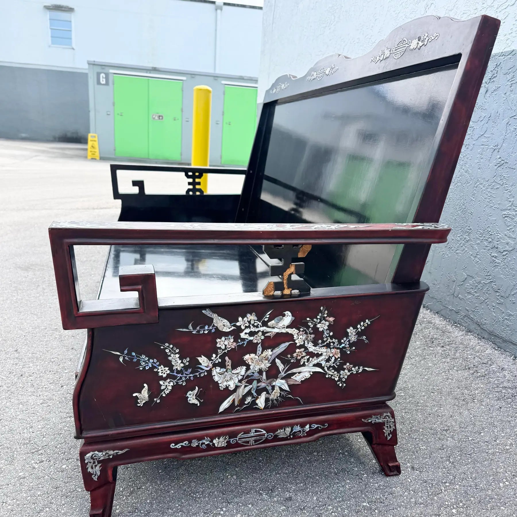 Vintage Chinese Rosewood With Mother of Pearl Inlay Sofa Dolphin & Flamingo