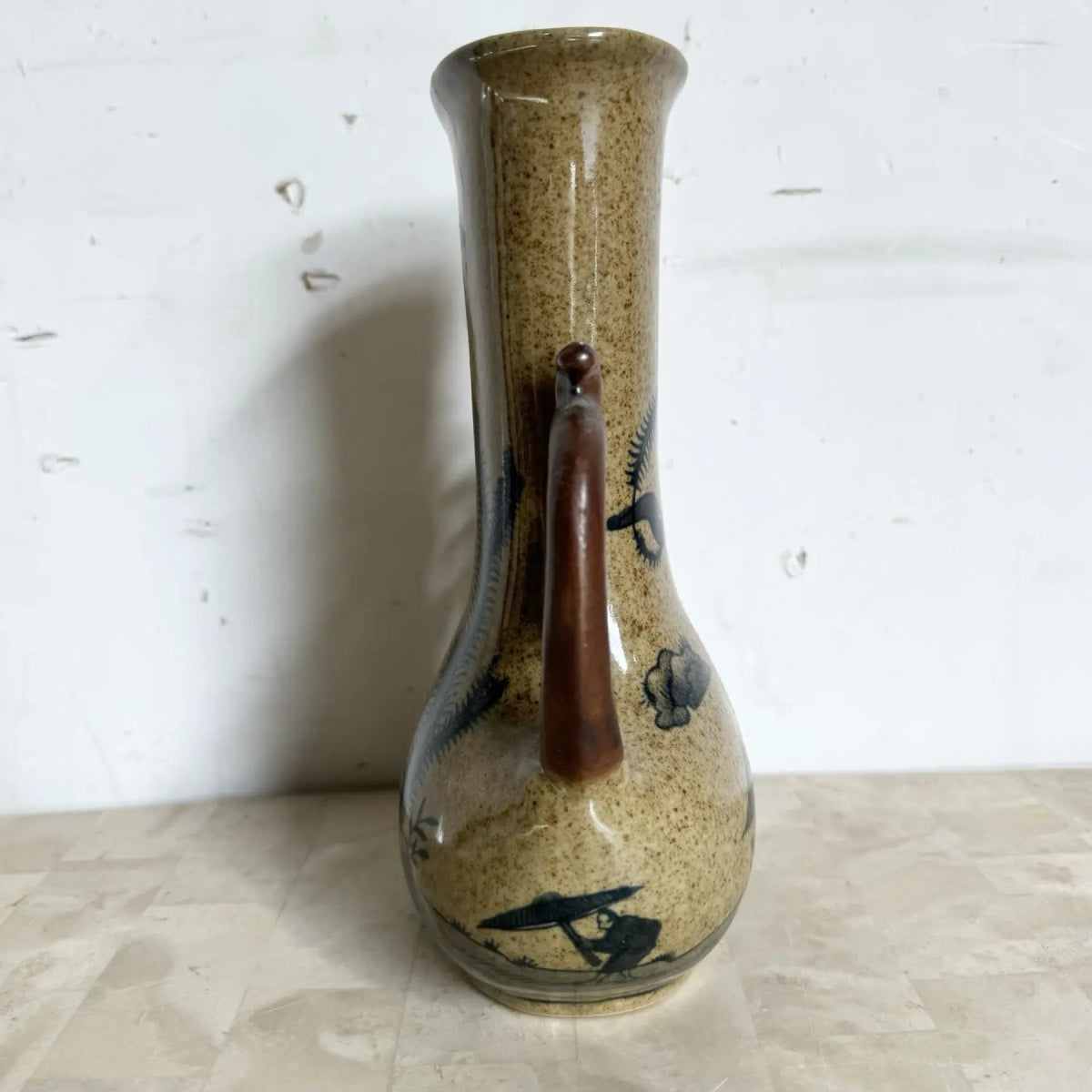 Vintage Chinese Stoneware Ceramic Vase - Dolphin & Flamingo