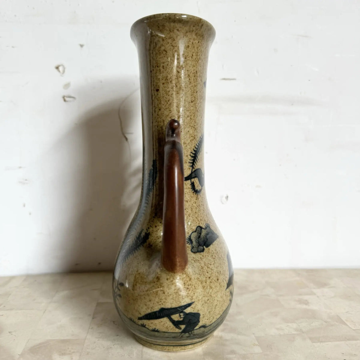 Vintage Chinese Stoneware Ceramic Vase - Dolphin & Flamingo