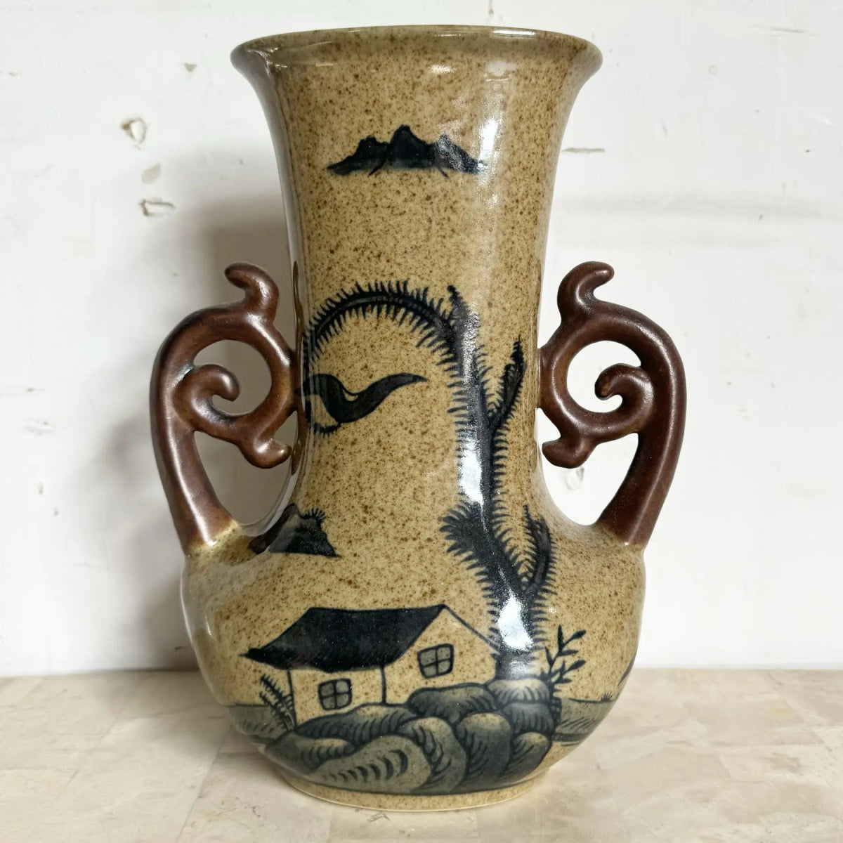 Vintage Chinese Stoneware Ceramic Vase - Dolphin & Flamingo