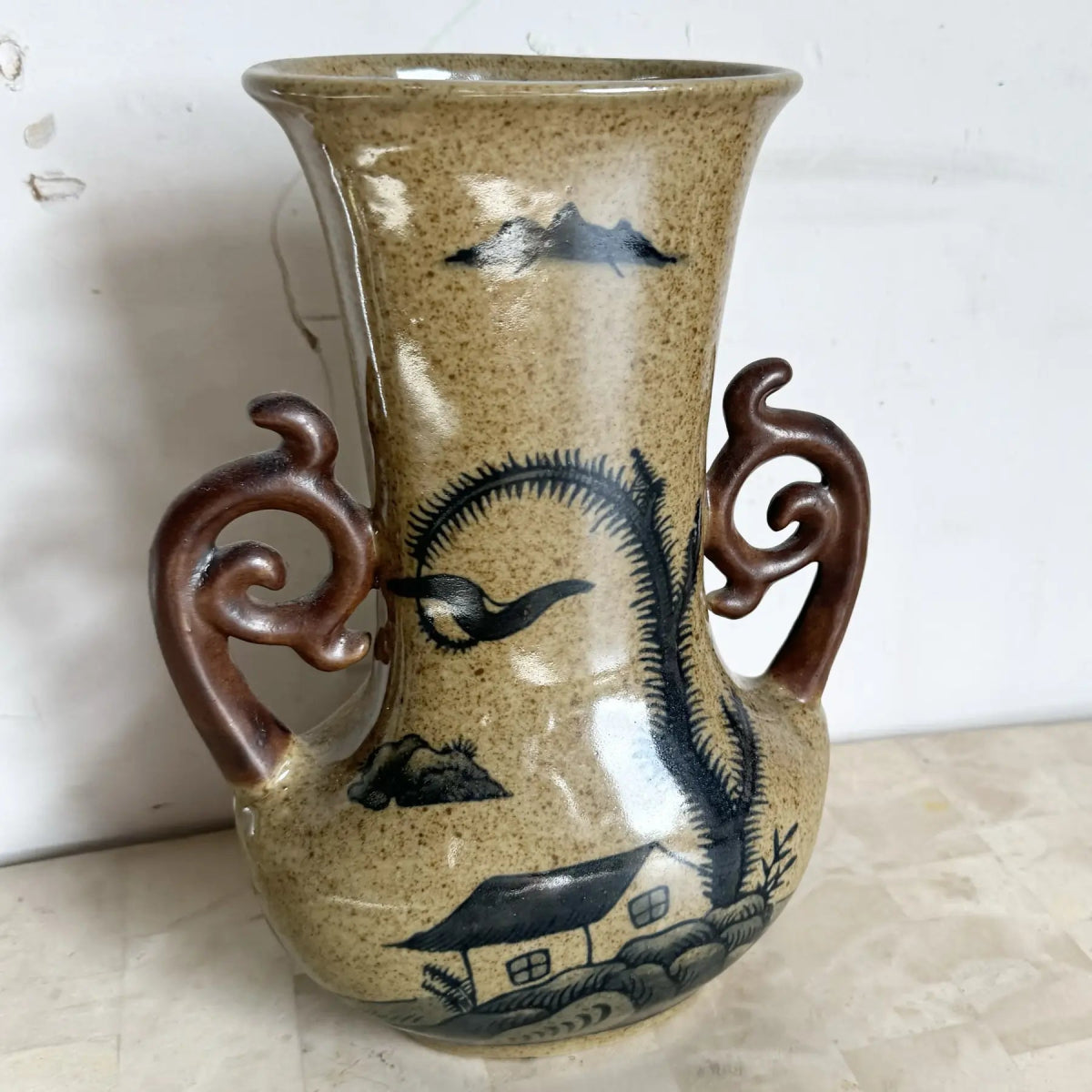 Vintage Chinese Stoneware Ceramic Vase - Dolphin & Flamingo