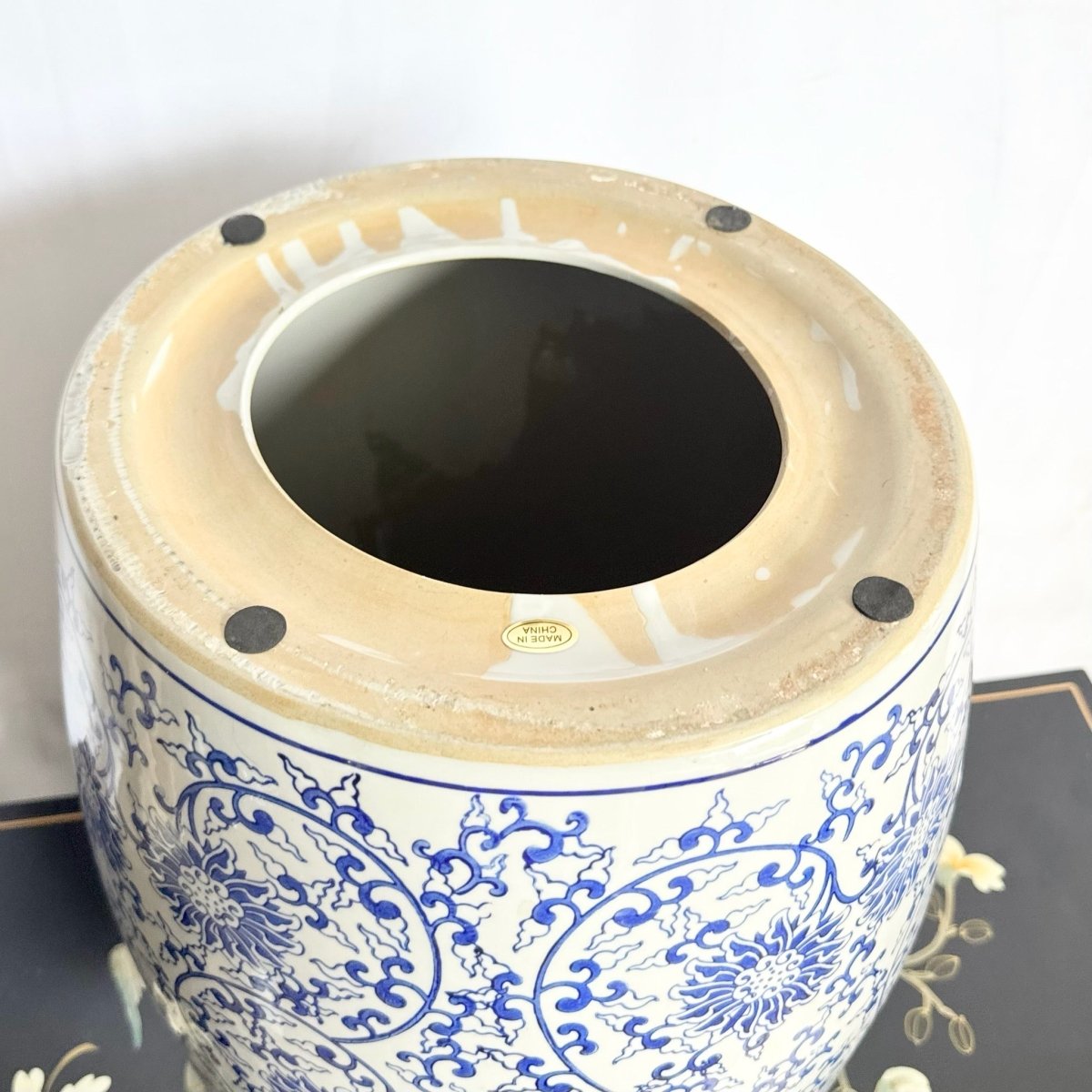 Vintage Chinese White and Blue Porcelain Side Table Stool Pedestal - Dolphin & Flamingo