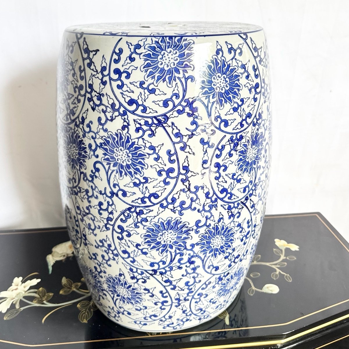 Vintage Chinese White and Blue Porcelain Side Table Stool Pedestal - Dolphin & Flamingo
