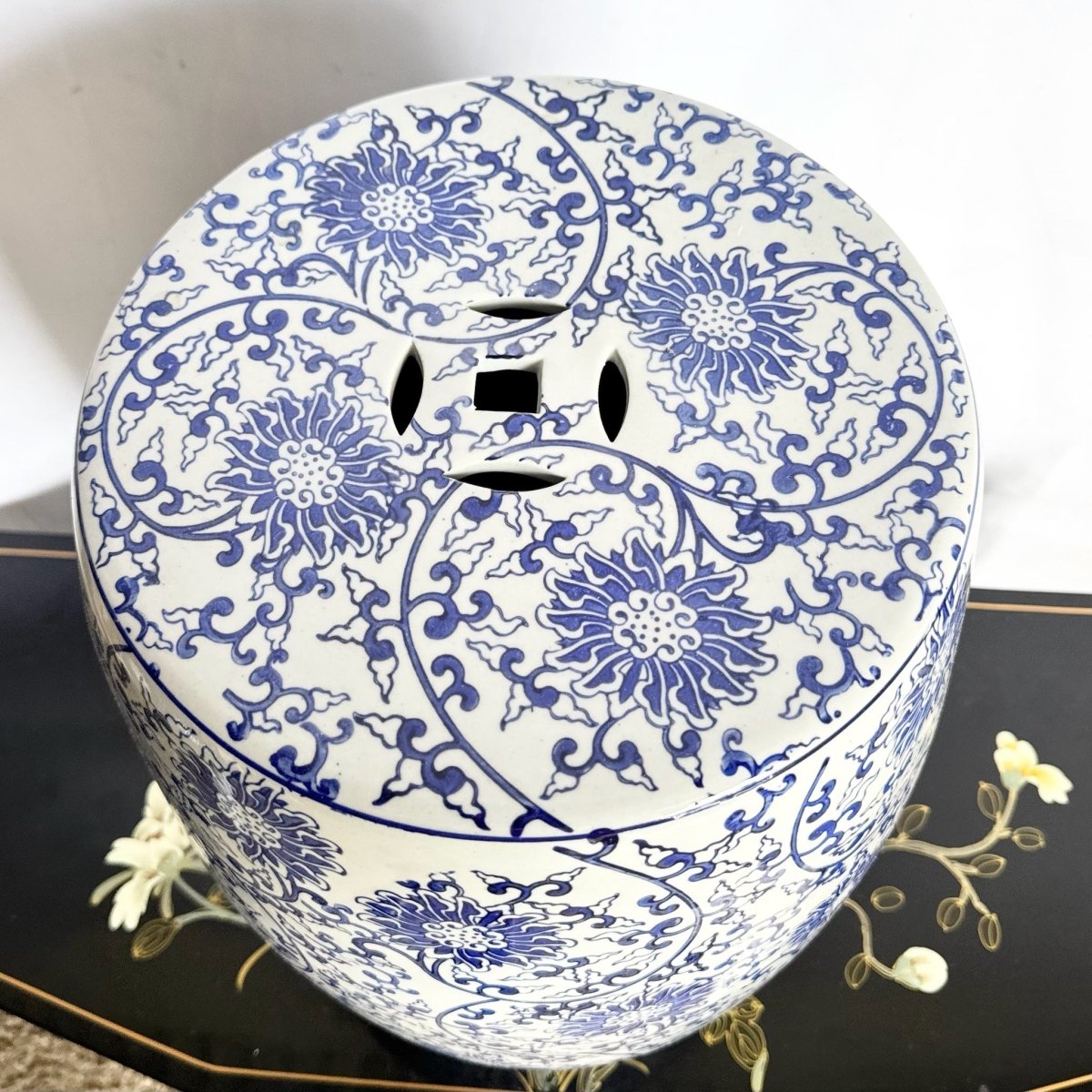 Vintage Chinese White and Blue Porcelain Side Table Stool Pedestal - Dolphin & Flamingo