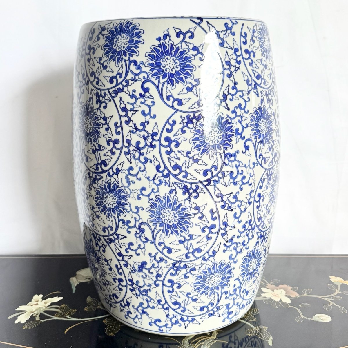 Vintage Chinese White and Blue Porcelain Side Table Stool Pedestal - Dolphin & Flamingo