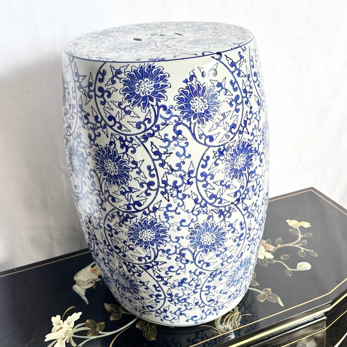 Vintage Chinese White and Blue Porcelain Side Table Stool Pedestal - Dolphin & Flamingo