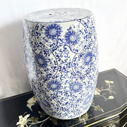 Vintage Chinese White and Blue Porcelain Side Table Stool Pedestal - Dolphin & Flamingo
