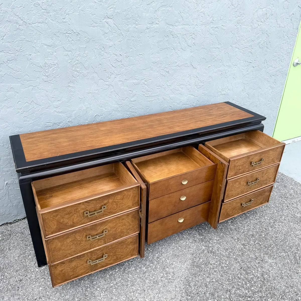 Vintage Chinoiserie Black and Burlwood Dresser by Centruy Furniture