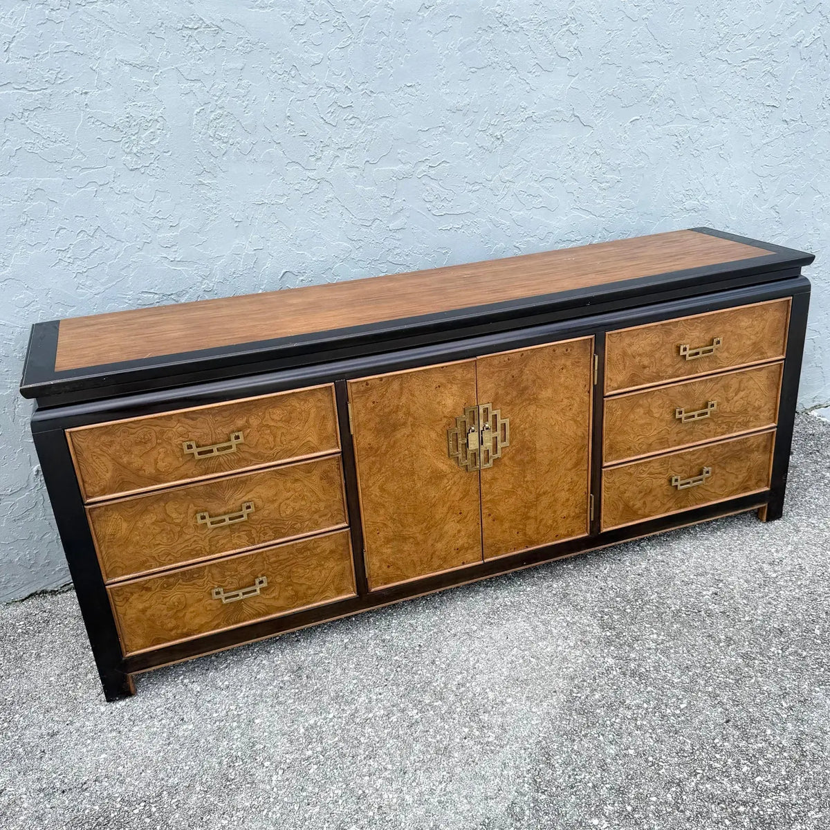 Vintage Chinoiserie Black and Burlwood Dresser by Centruy Furniture