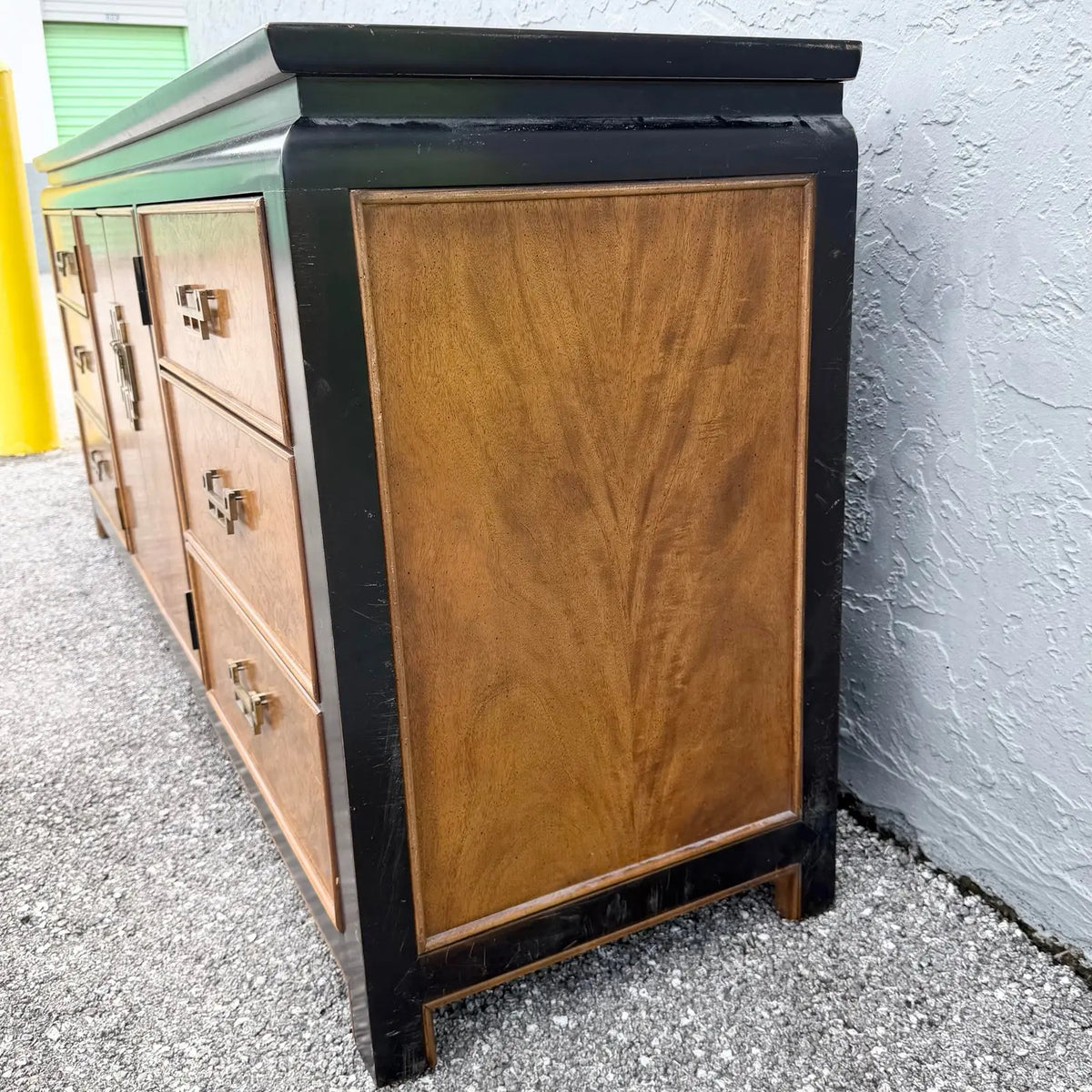 Vintage Chinoiserie Black and Burlwood Dresser by Centruy Furniture
