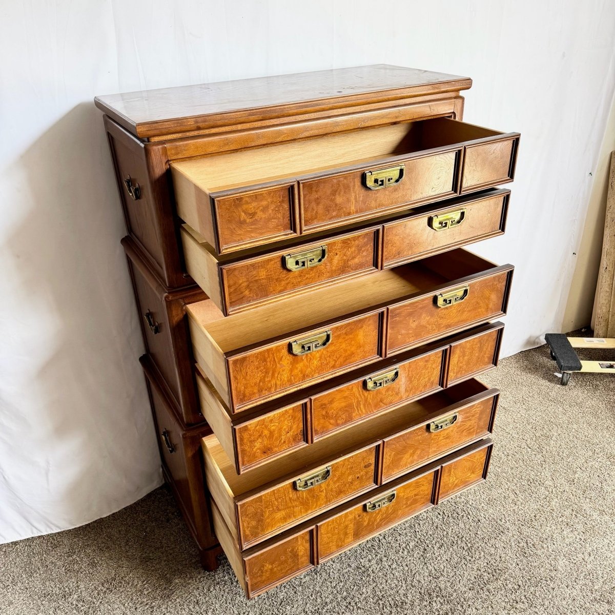 Vintage Chinoiserie Burl Wood Highboy by Thomasville - Dolphin & Flamingo