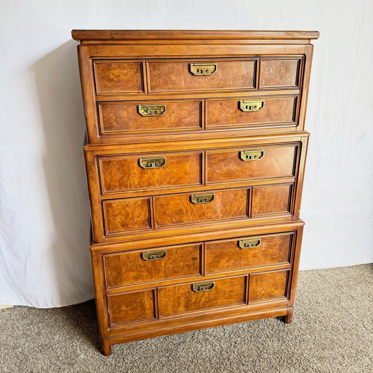 Vintage Chinoiserie Burl Wood Highboy by Thomasville - Dolphin & Flamingo