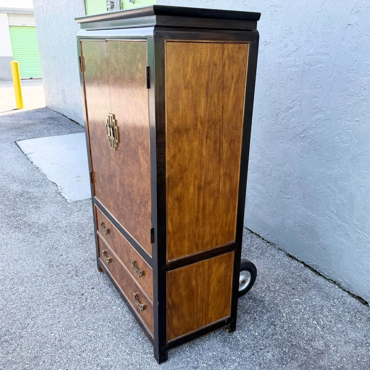 Vintage Chinoiserie Burlwood and Black Armoire With Brass Accents by Century Furniture