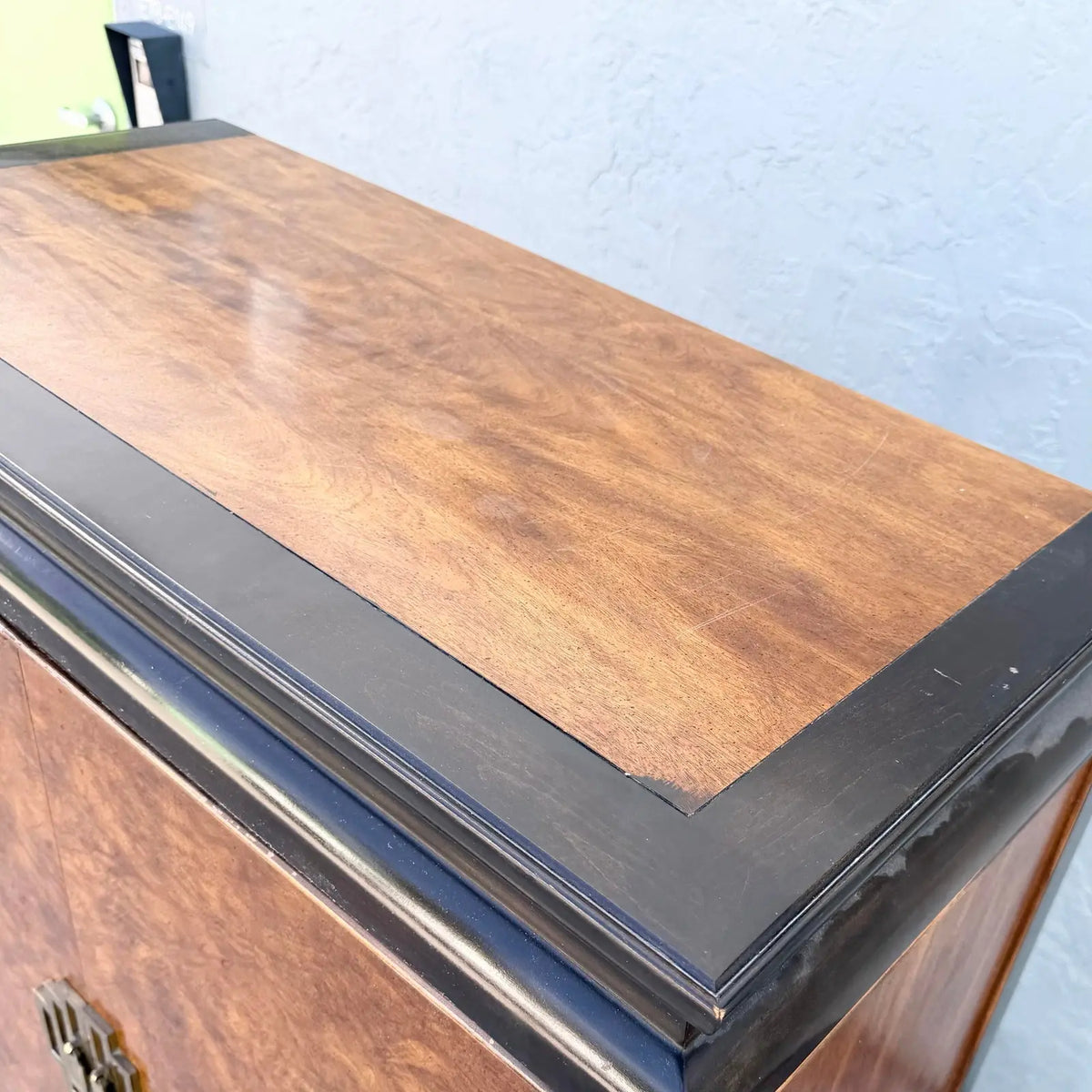 Vintage Chinoiserie Burlwood and Black Armoire With Brass Accents by Century Furniture